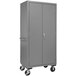 A grey metal Durham storage cabinet on wheels.