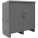 A gray metal Durham job site cabinet with two doors and a handle.