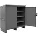 A grey metal Durham job site cabinet with open doors.