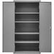 A grey metal Durham storage cabinet with open doors and shelves.