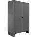 A gray steel Durham Mfg storage cabinet with two doors.