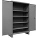 A grey Durham steel storage cabinet with open doors and shelves.
