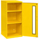 A yellow metal Durham spill control cabinet with two doors and a white strip.