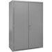 A grey metal Durham storage cabinet with two doors and a handle.