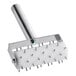 A white and stainless steel roller with metal spikes on the end.