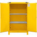 A yellow metal cabinet with shelves.
