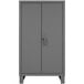 A gray metal Durham storage cabinet with two doors and a handle.