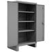 A grey Durham steel storage cabinet with open doors and shelves.