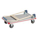 A folded silver metal Lavex platform truck with a handle.