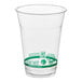 A clear 16 oz. compostable plastic cold cup with green labeling.