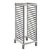 A metal Cambro sheet pan rack with wheels.