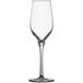 A Schott Zwiesel Rotation wine glass with a long stem on a white background.