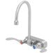 A silver Eversteel wall mount faucet with a swivel gooseneck spout and two red and blue handles.