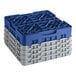 A blue Cambro plastic container with 25 compartments and grey extender pieces.