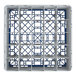 A white and blue plastic Cambro glass rack with extenders.
