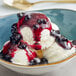 A bowl of ice cream with Oringer blueberry sauce and blueberries.