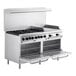 A large stainless steel Main Street Equipment commercial range with 2 ovens and a griddle.