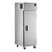 A Delfield stainless steel reach-in refrigerator with a white door.