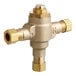 A gold and silver brass Stiebel Eltron mixing valve with two brass handles on a white background.