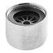 A round silver stainless steel full flow regulator with a round black center.