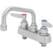 A silver stainless steel Eversteel deck mount workboard faucet with two handles.