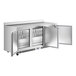 An Avantco stainless steel worktop refrigerator with two doors open.