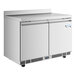 An Avantco stainless steel worktop refrigerator with two doors.