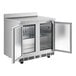 An Avantco stainless steel worktop refrigerator with two doors open.