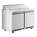 An Avantco stainless steel refrigerated sandwich prep table with two doors.