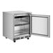 An Avantco stainless steel undercounter freezer with a door open.