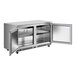 A stainless steel Avantco undercounter freezer with two doors open.