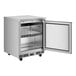 An Avantco stainless steel undercounter refrigerator with the door open.