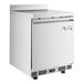 An Avantco white stainless steel worktop refrigerator with a door open.