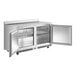 An Avantco stainless steel worktop freezer with two doors open.