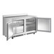 A stainless steel Avantco VersaHub worktop freezer with two doors open.