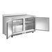 An Avantco stainless steel worktop refrigerator with two doors open.