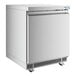 A stainless steel undercounter refrigerator with a single solid door and front ventilation.