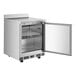 An Avantco stainless steel worktop refrigerator with a door open.