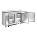 An Avantco stainless steel worktop refrigerator with two doors open.