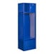 A blue Hallowell open-front metal locker with a security box.
