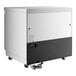 An Avantco undercounter freezer in white and black with wheels.