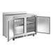 An Avantco stainless steel worktop refrigerator with two doors open.