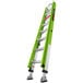 A green ladder with silver legs and cable hooks.