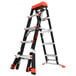 A black and orange Little Giant adjustable step ladder with wheels.