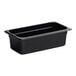 A black rectangular Cambro plastic food pan with a lid.