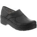 A pair of black leather Klogs clogs with rubber soles.