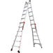 Two Little Giant aluminum ladders with wheels and ratchet levelers.