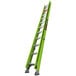 A green Little Giant fiberglass extension ladder with cable hooks and a V-rung.