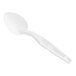 A close-up of a white plastic spoon with a long handle.