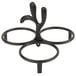 A black metal caddy with three holes for molcajete bowls.